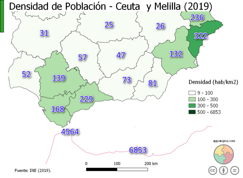 Densidad de Población en Ceuta y Melilla (2019)
