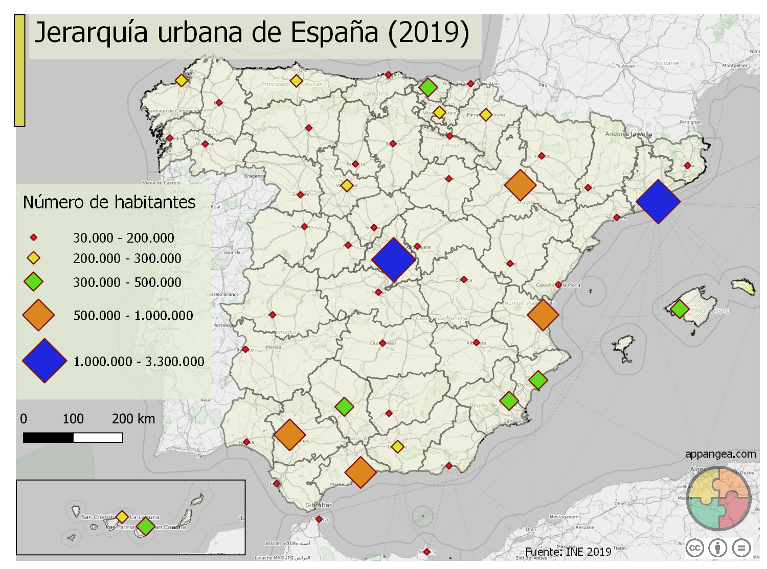 Mapa jerarquía urbana España con provincias