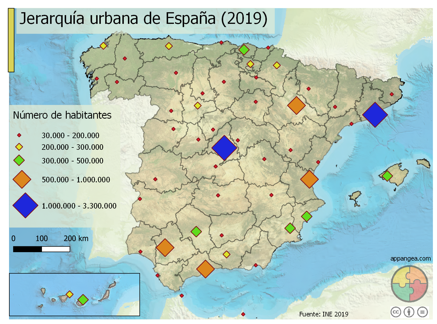 Mapa jerarquía urbana España con provincias y relieve.