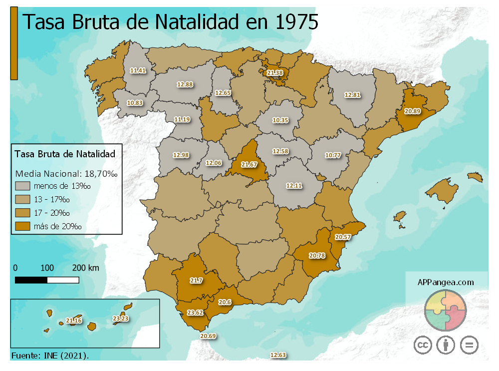 Tasa Bruta Natalidad 1975. Geografía de España 2ºBachillerato
