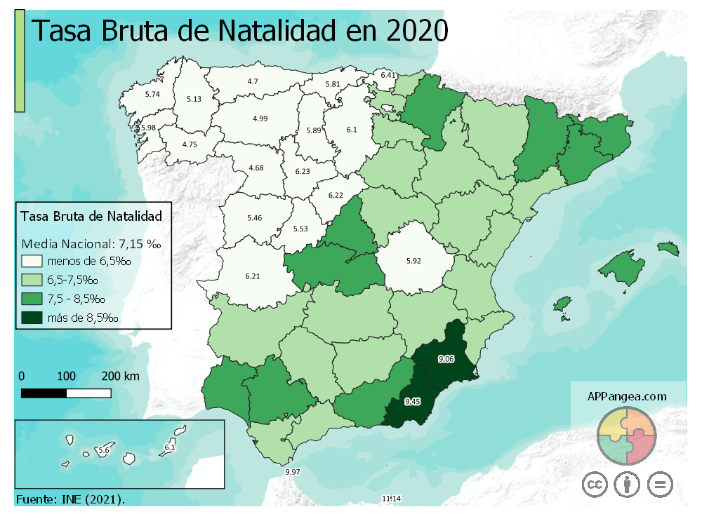 Tasa Bruta Natalidad 2020. Geografía de España 2ºBachillerato