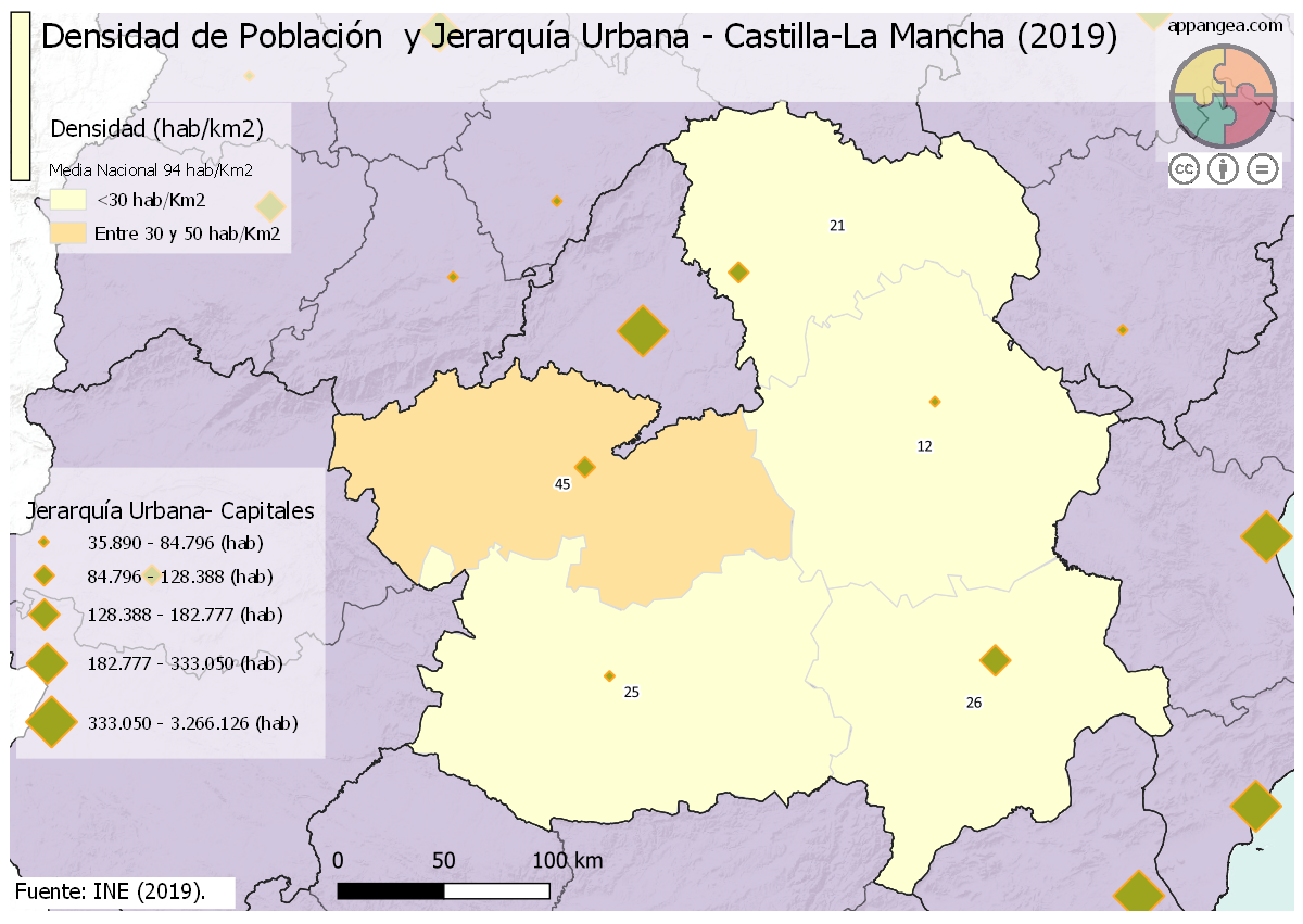 Mapa Jerarquía urbana Castilla-La Mancha. Geografía Bachillerato.