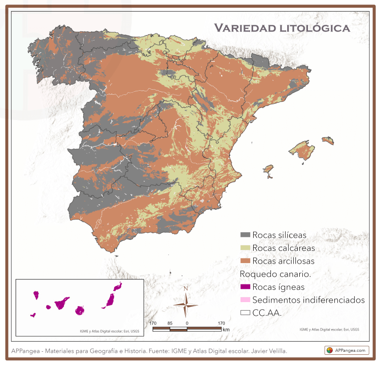 Mapa Variedad Litológica de España. Geografía de España 2ºBachillerato