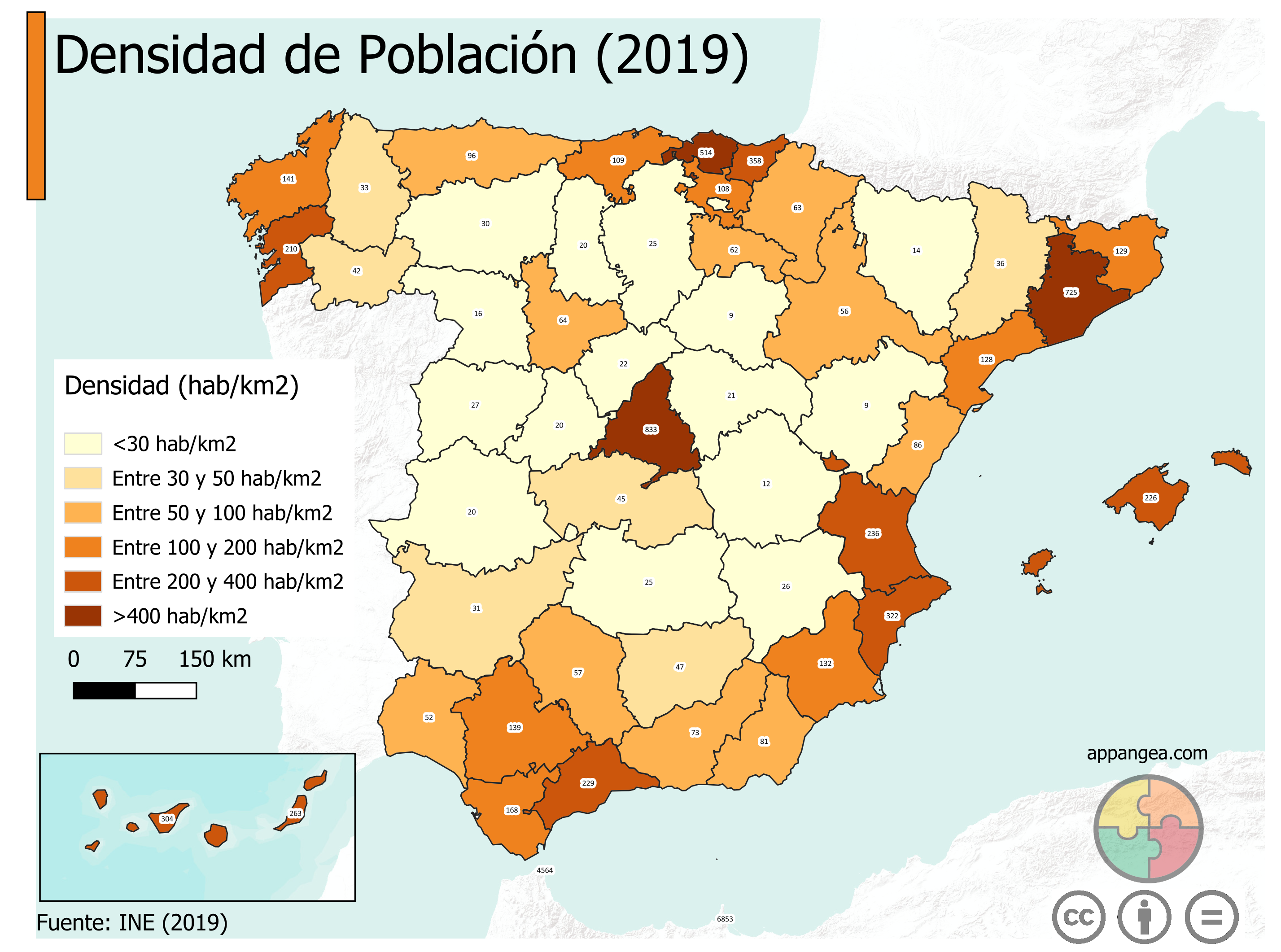 Densidad de Población España 2019. Geografía de España. 2ºBachillerato