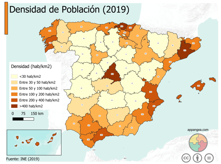 Densidad de Población España 2019. Geografía de España. 2ºBachillerato