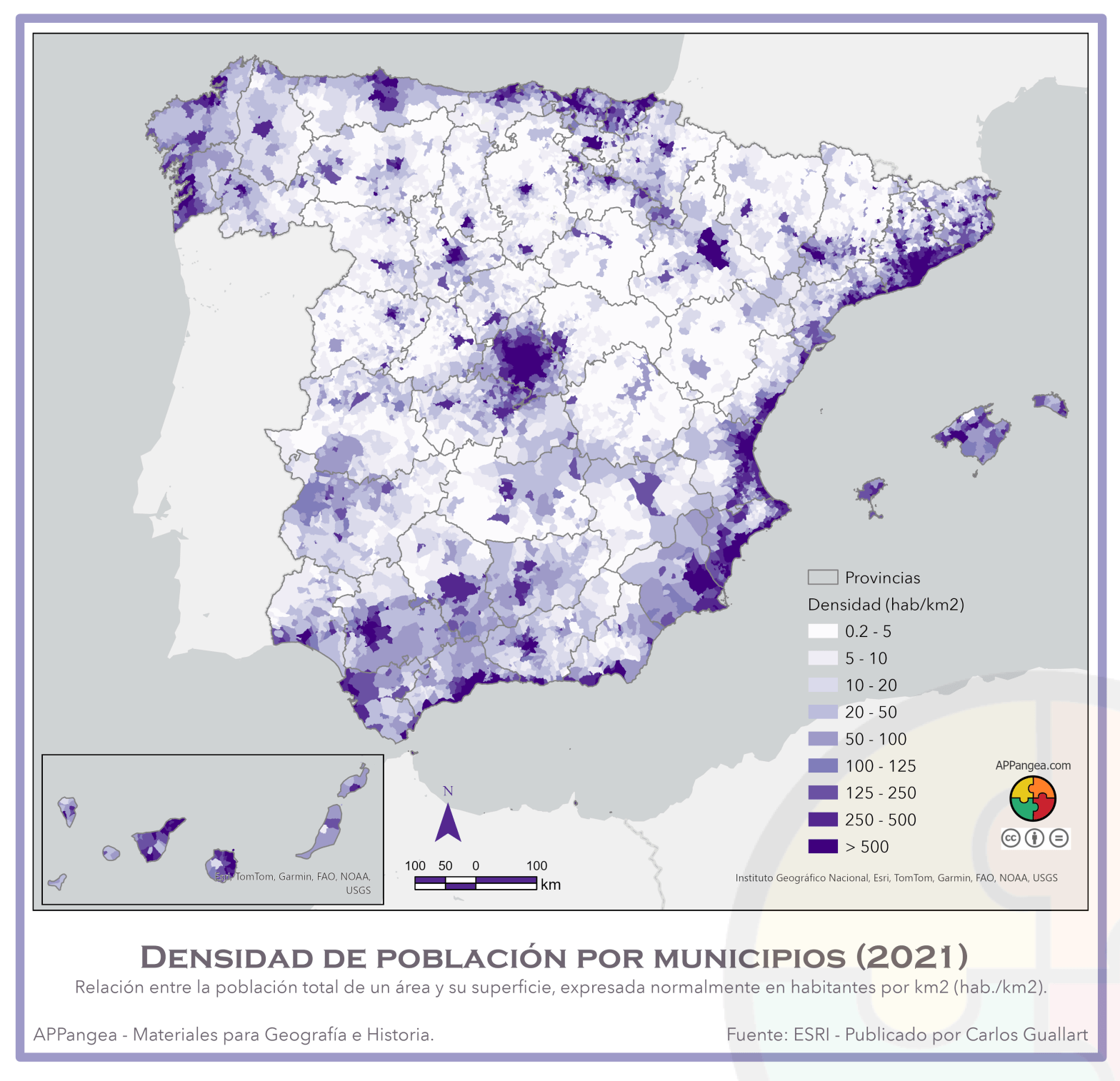 Mapa Densidad de población por municipios. Geografía de España.