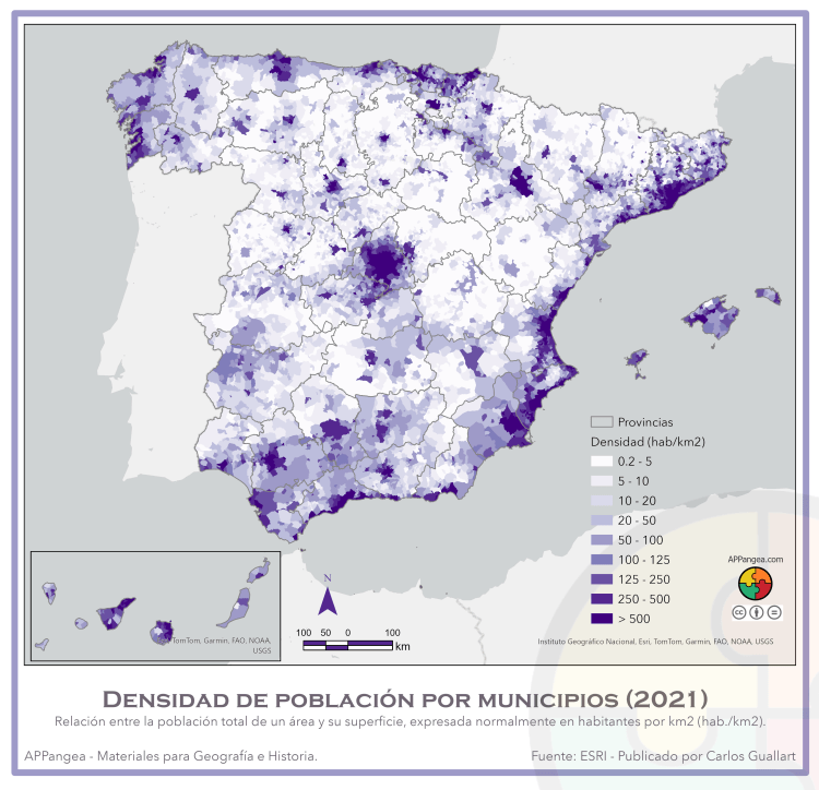 Mapa Densidad de población por municipios. Geografía de España.