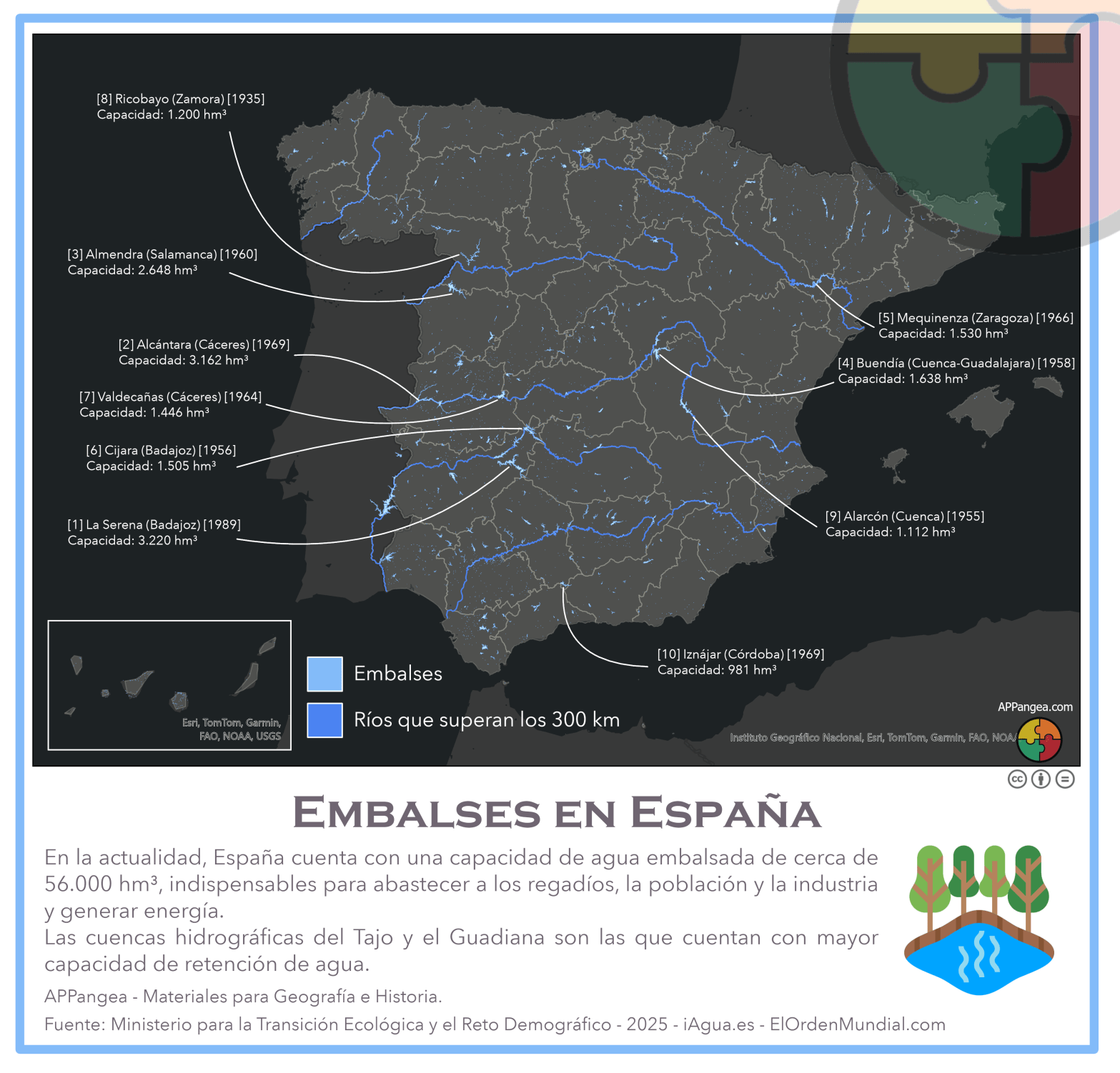 Mapa Embalses en España - Los 10 mayores embalses.