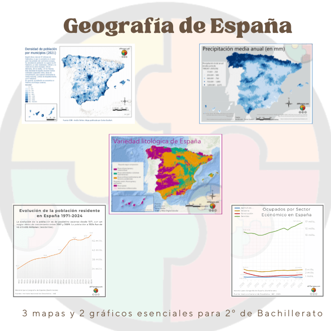 Tres mapas y dos gráficos esenciales para Geografía de España de 2º de Bachillerato.
