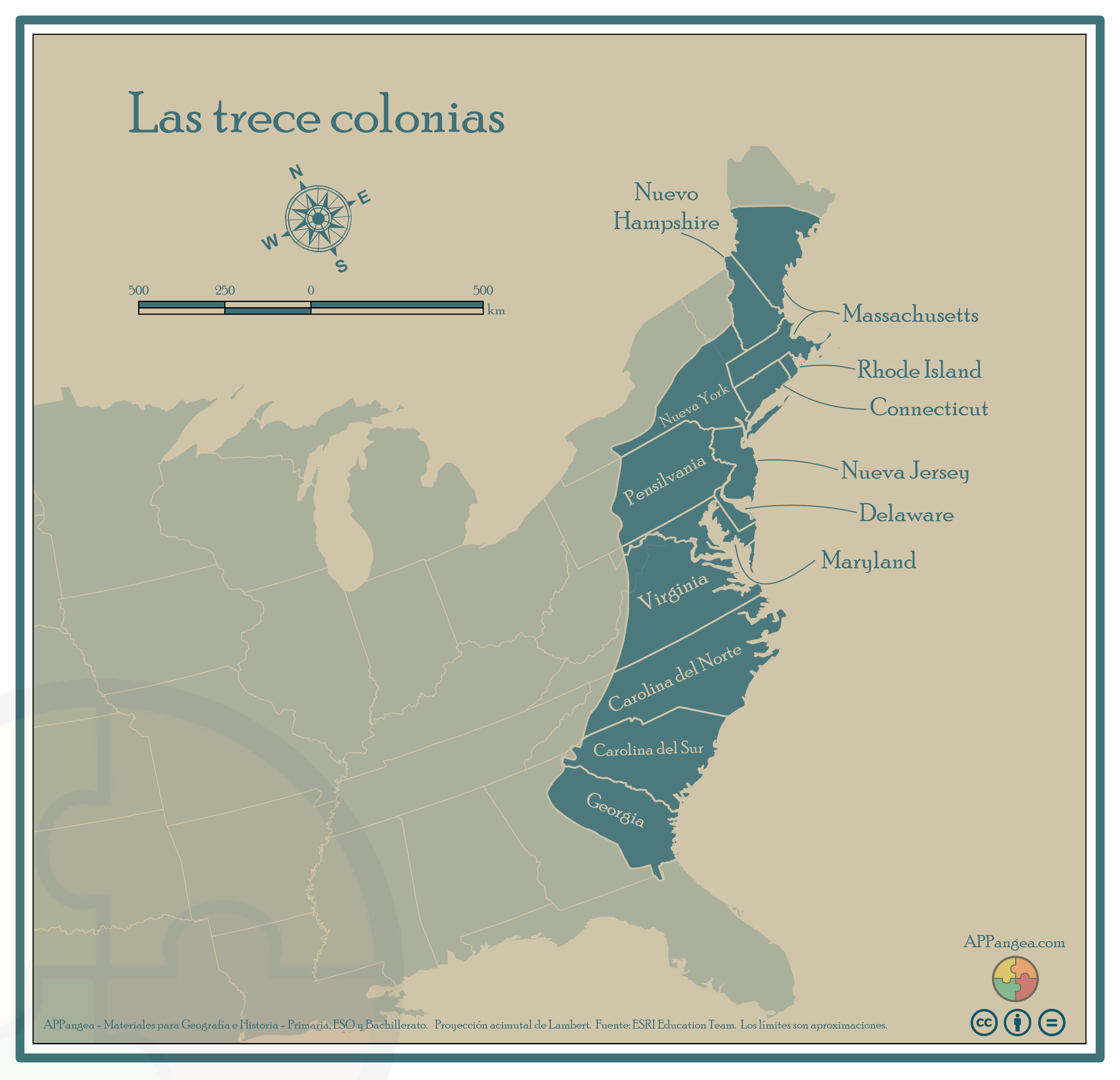 Mapa 13 colonias británicas. Geografía ESO y Bachillerato