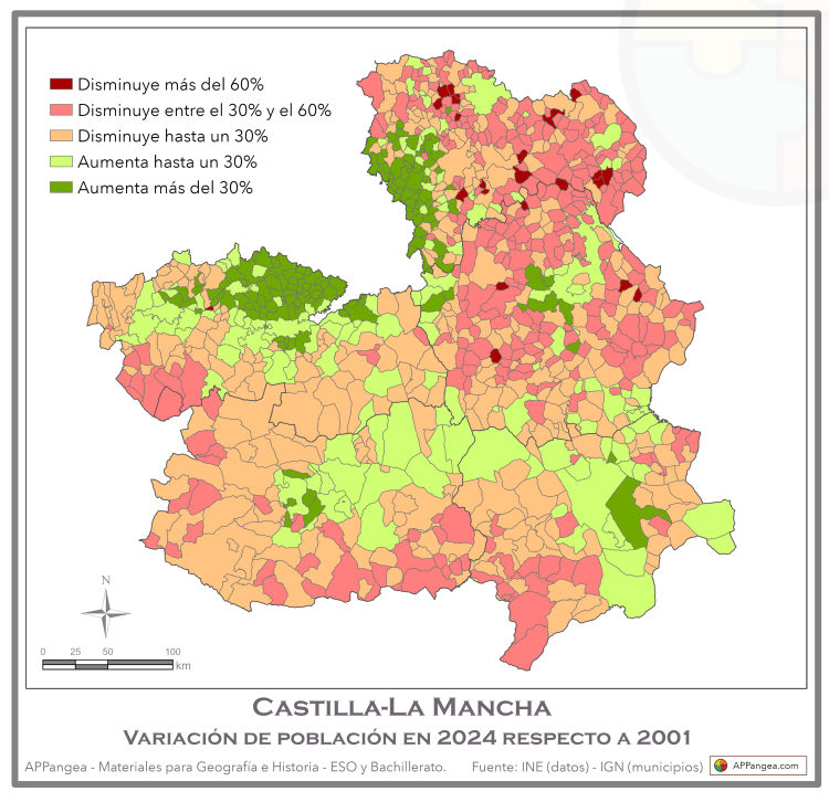Mapa Castilla-LA Mancha Variación de población por municipios 2001-2024