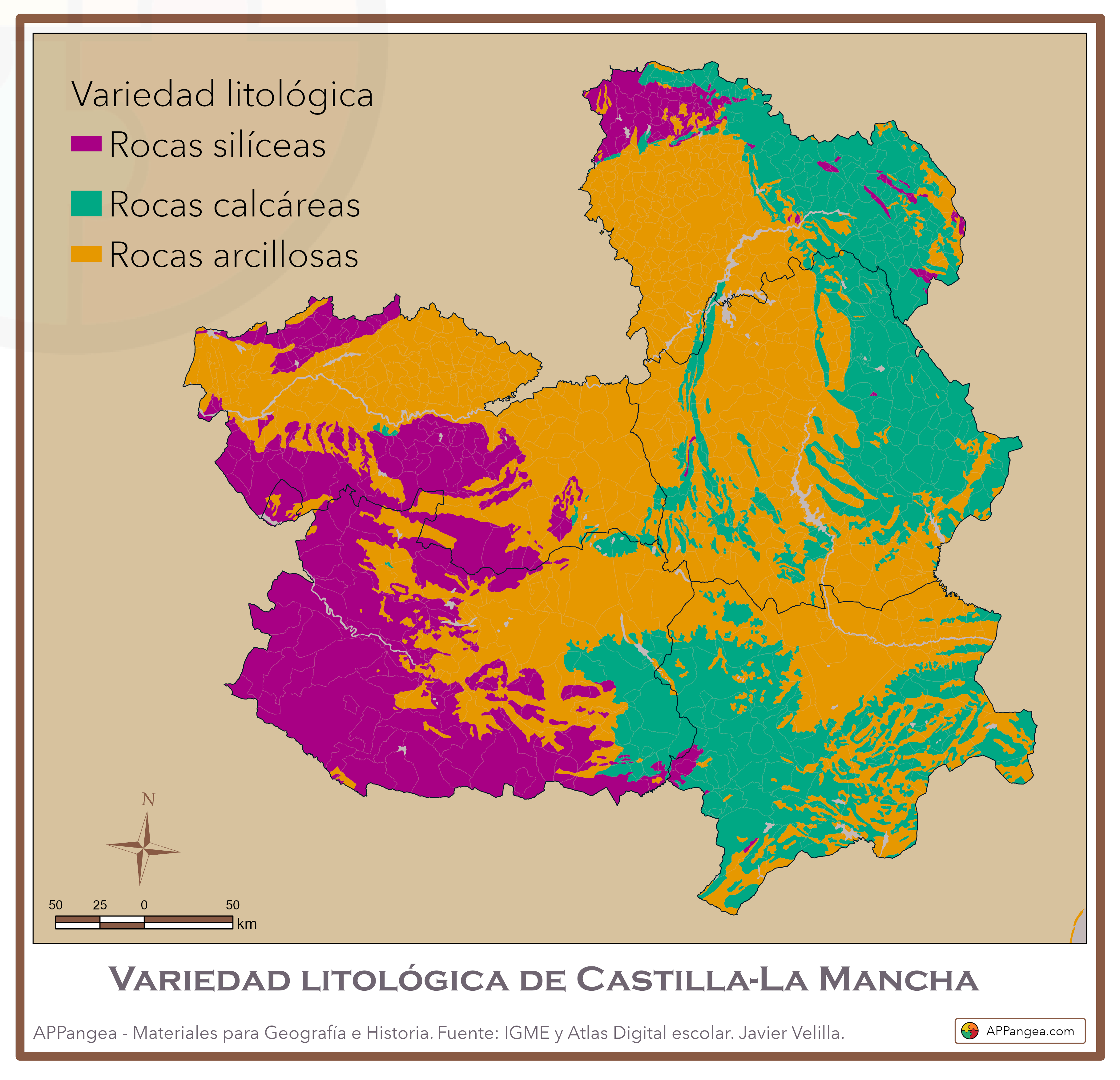 Mapa variedad litológica de Castilla-La Mancha. 2º Bachillerato. Geografía de España.