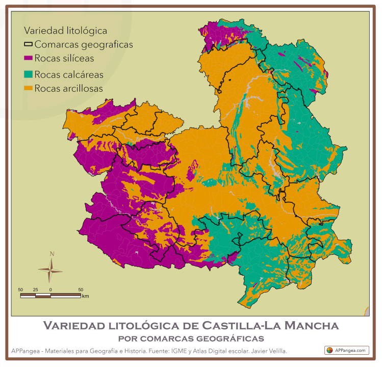 Mapa variedad litológica de Castilla-La Mancha. 2º Bachillerato. Geografía de España.