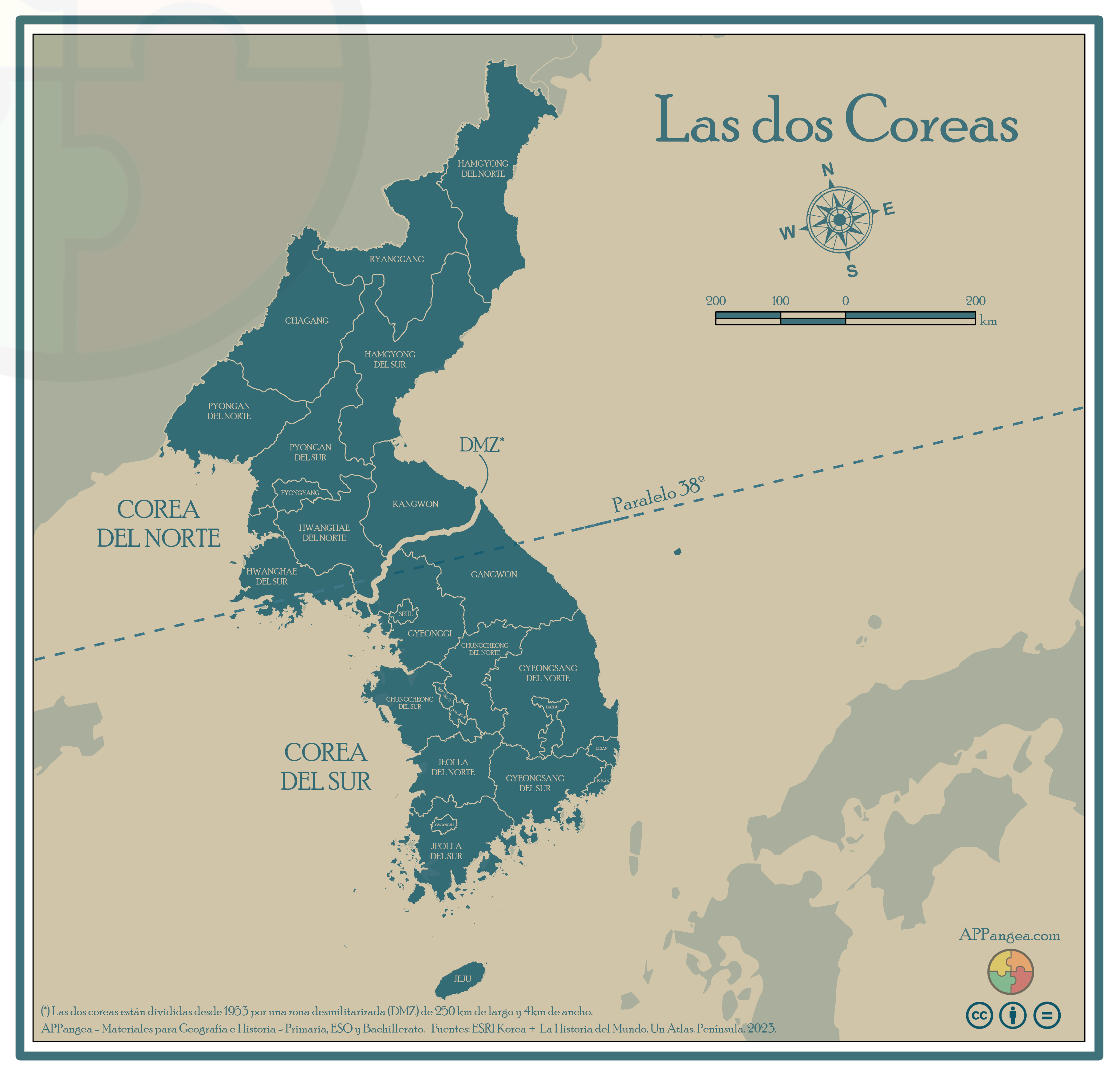 Mapa provincias de Las Dos Coreas. Geografía ESO y Bachillerato