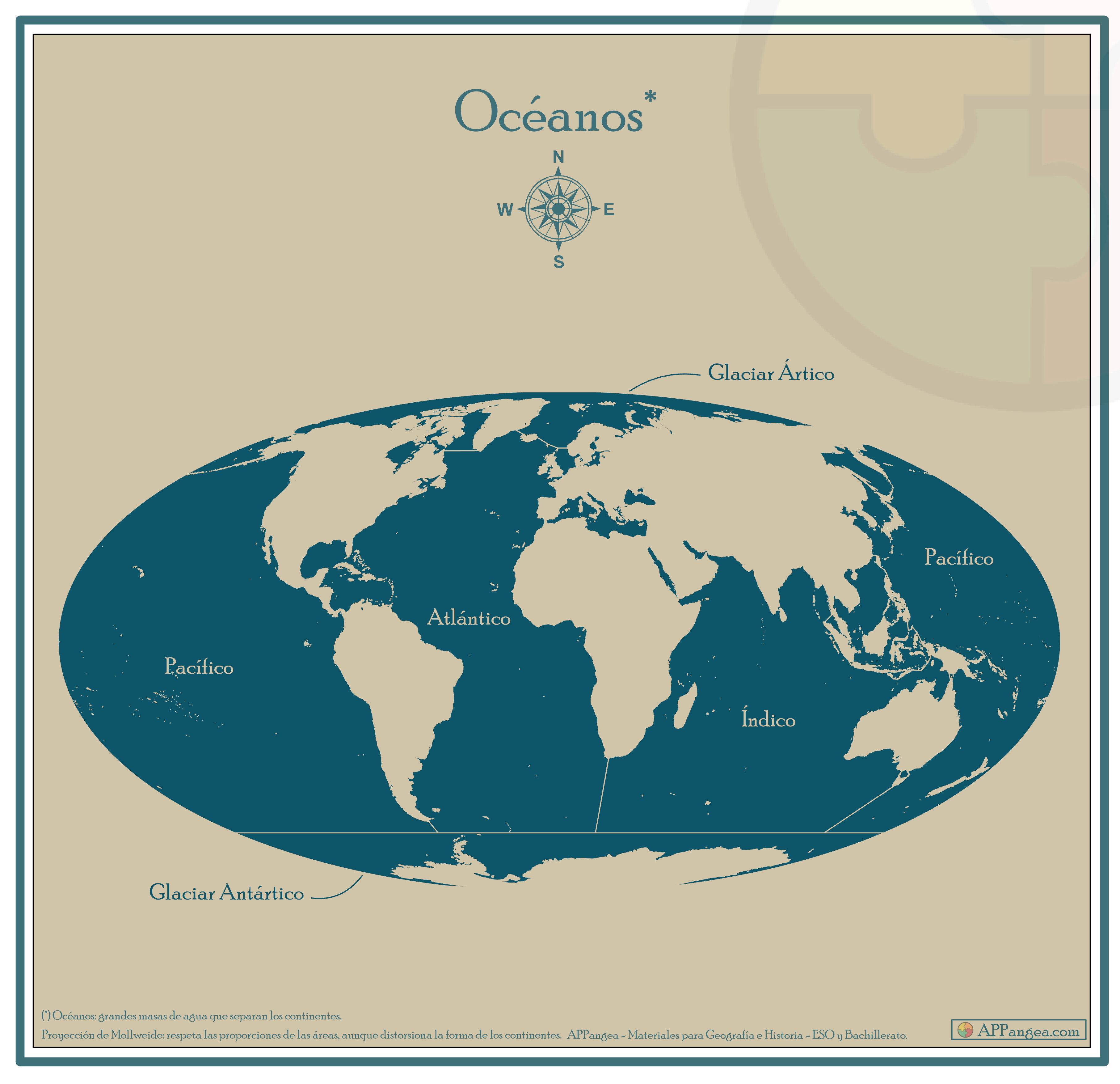 Mapa Océanos del planeta Tierra (mollweide). Geografía ESO y Bachillerato