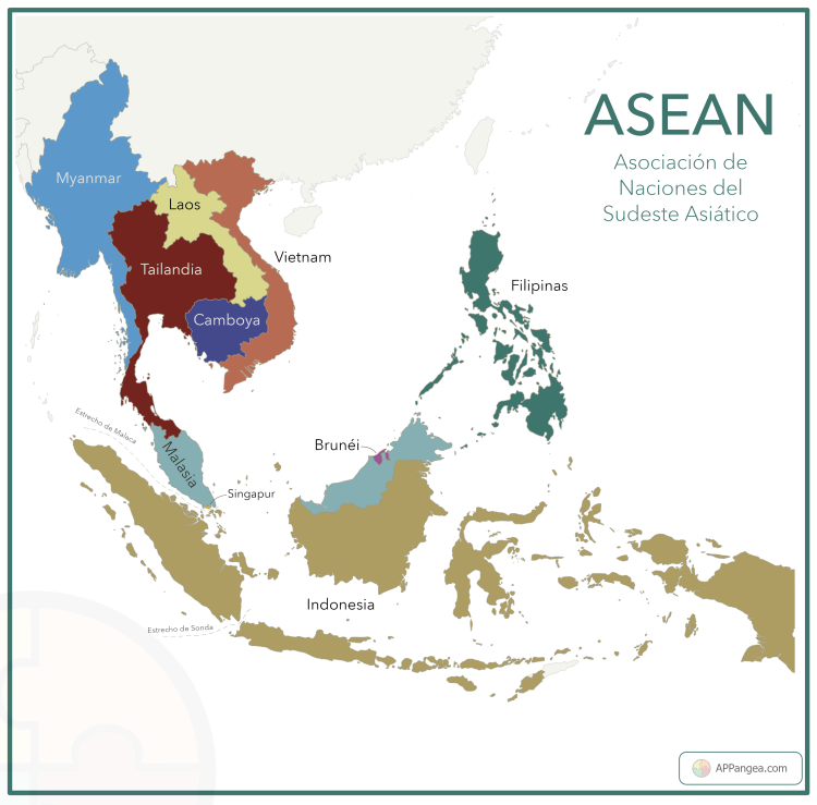 Mapa países ASEAN (Asociación de Naciones del Sudeste Asiático)