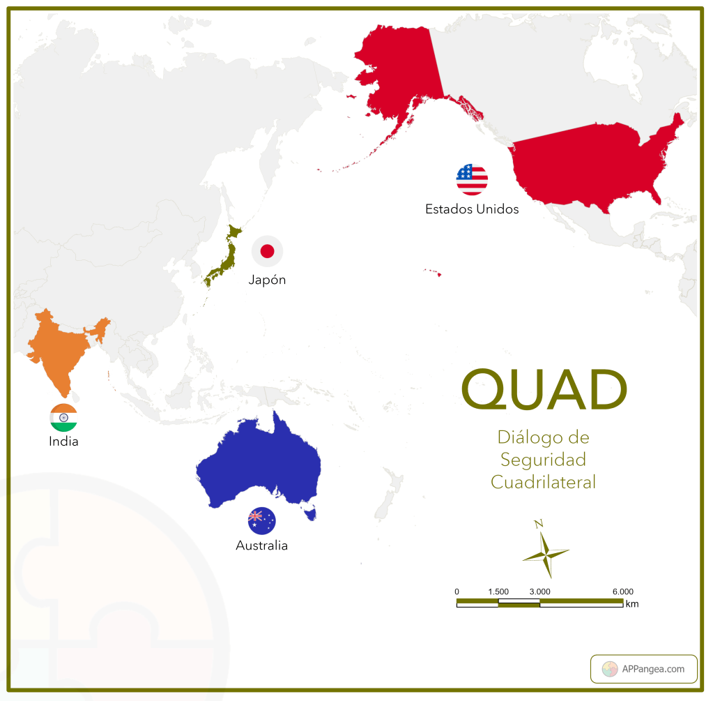 Mapa países QUAD: Diálogo de Seguridad Cuadrilateral.