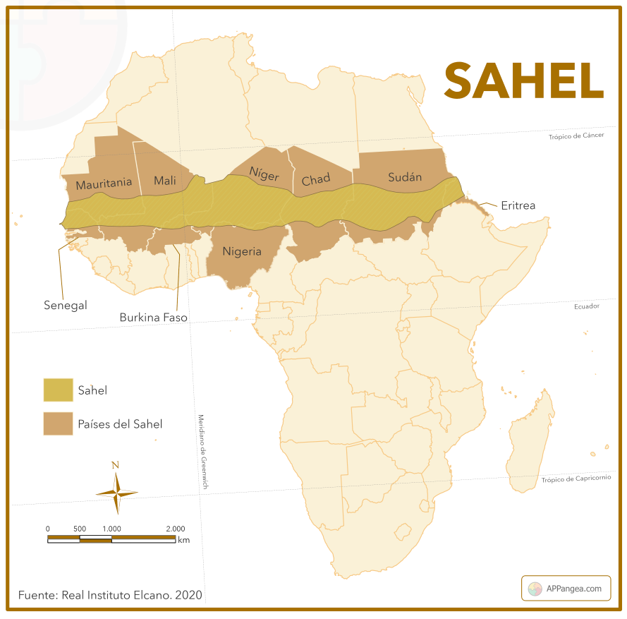 Mapa de la región del Sahel con países destacados