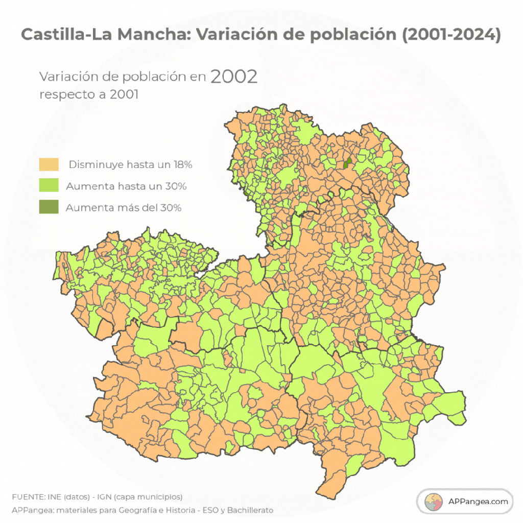 Animación Variación de población en Castilla-La Mancha por municipios 2001-2024