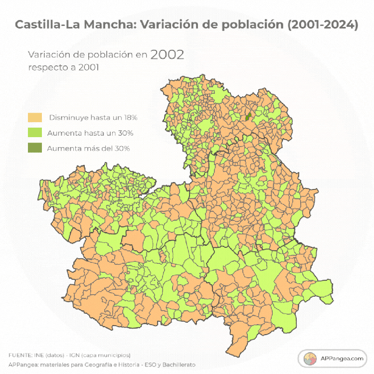Animación Variación de población en Castilla-La Mancha por municipios 2001-2024