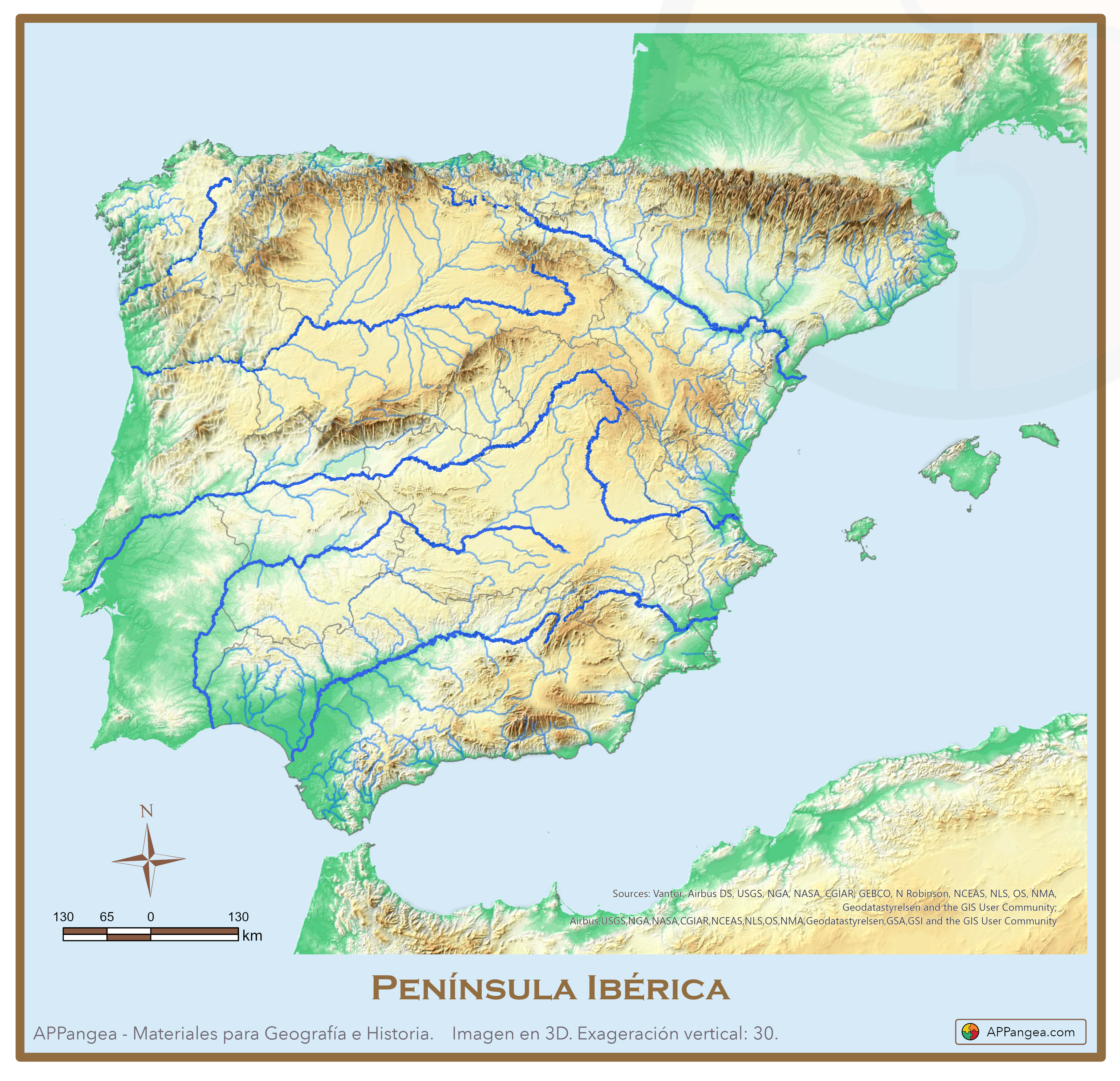 Relieve de España 3D y ríos. Geografía ESO