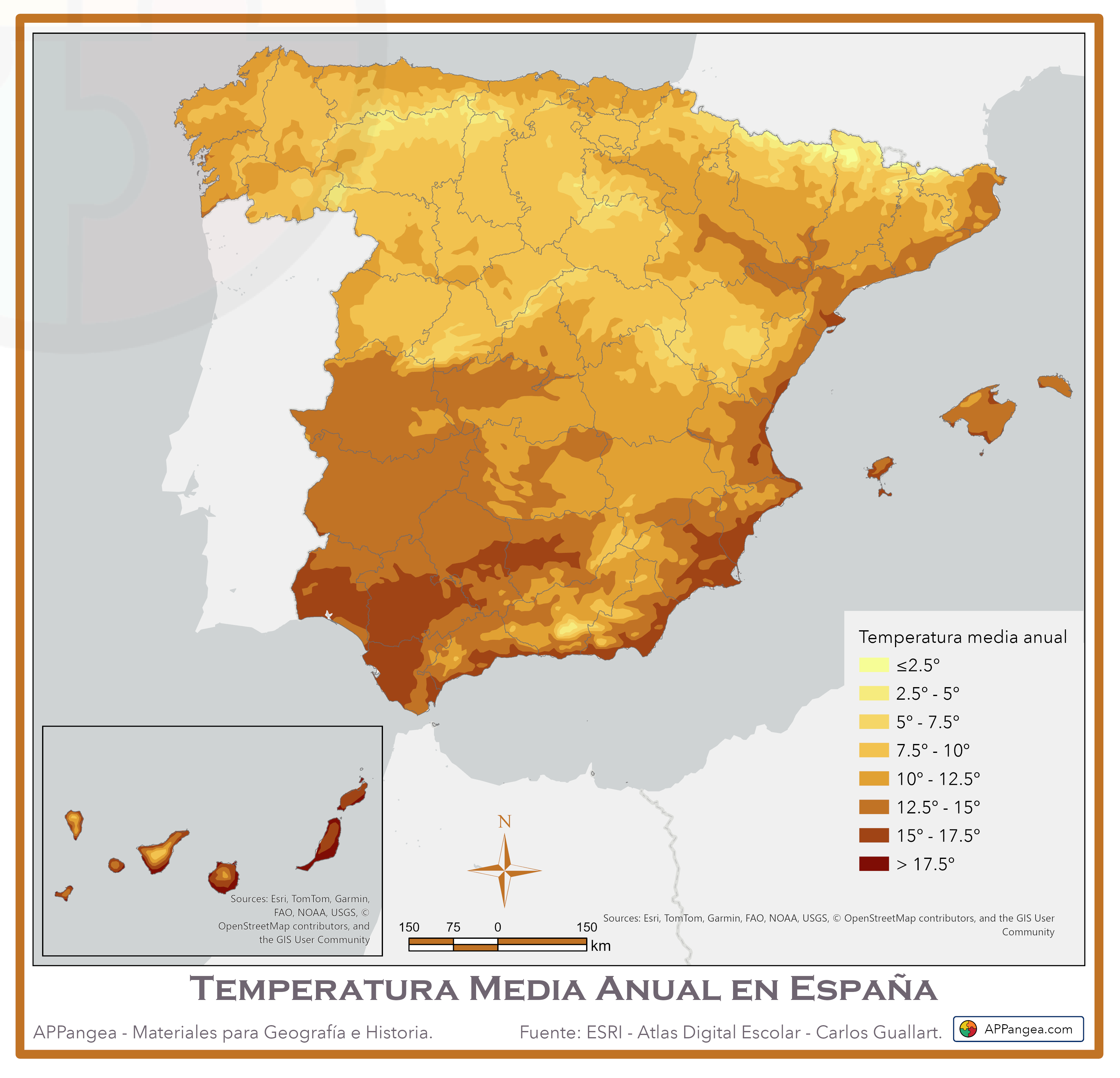 Mapa Temperatura media anual en España. Geografía de España. 2º de Bachillerato.