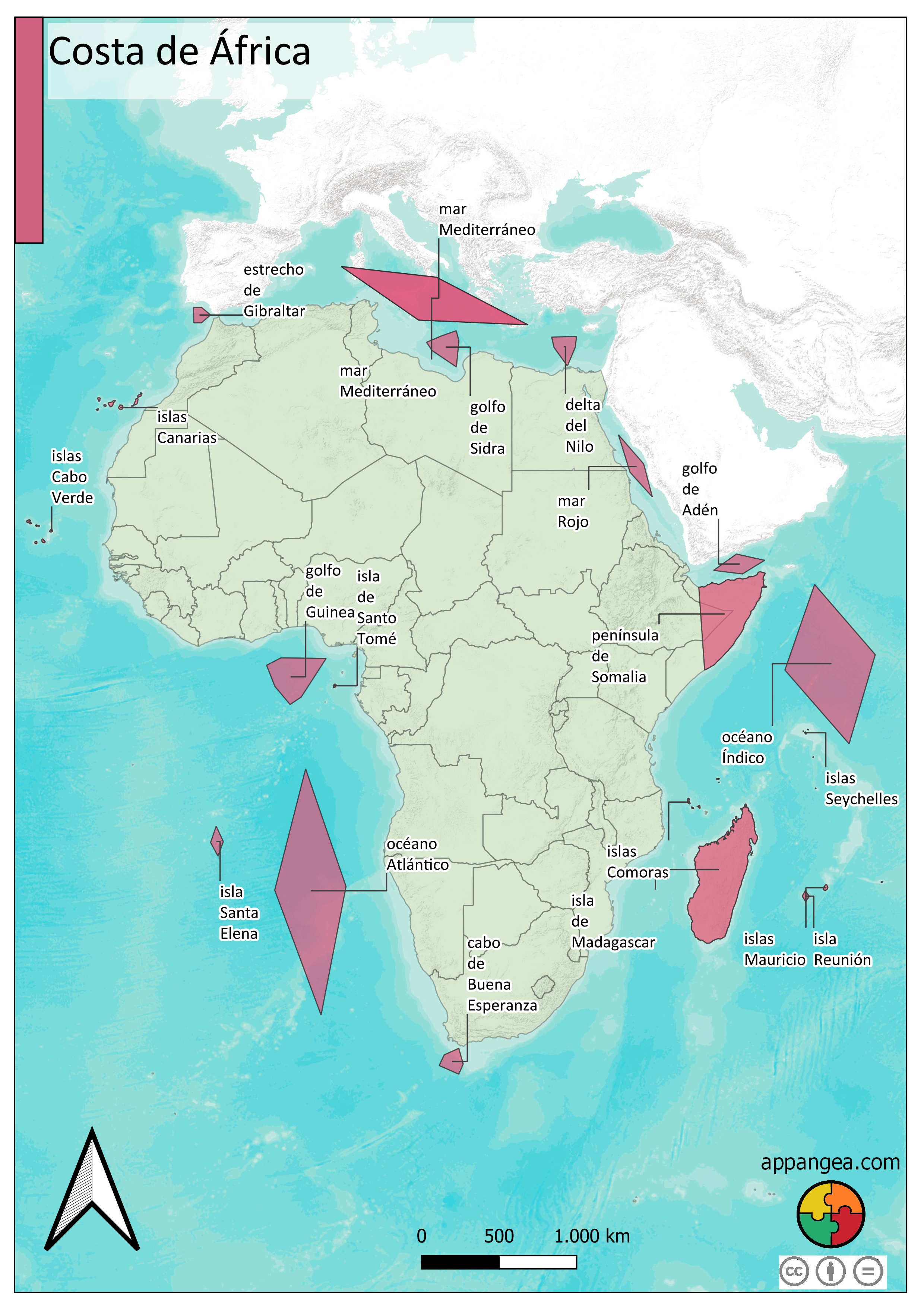 Mapa físico costas de África. Geografía e Historia 1ºESO