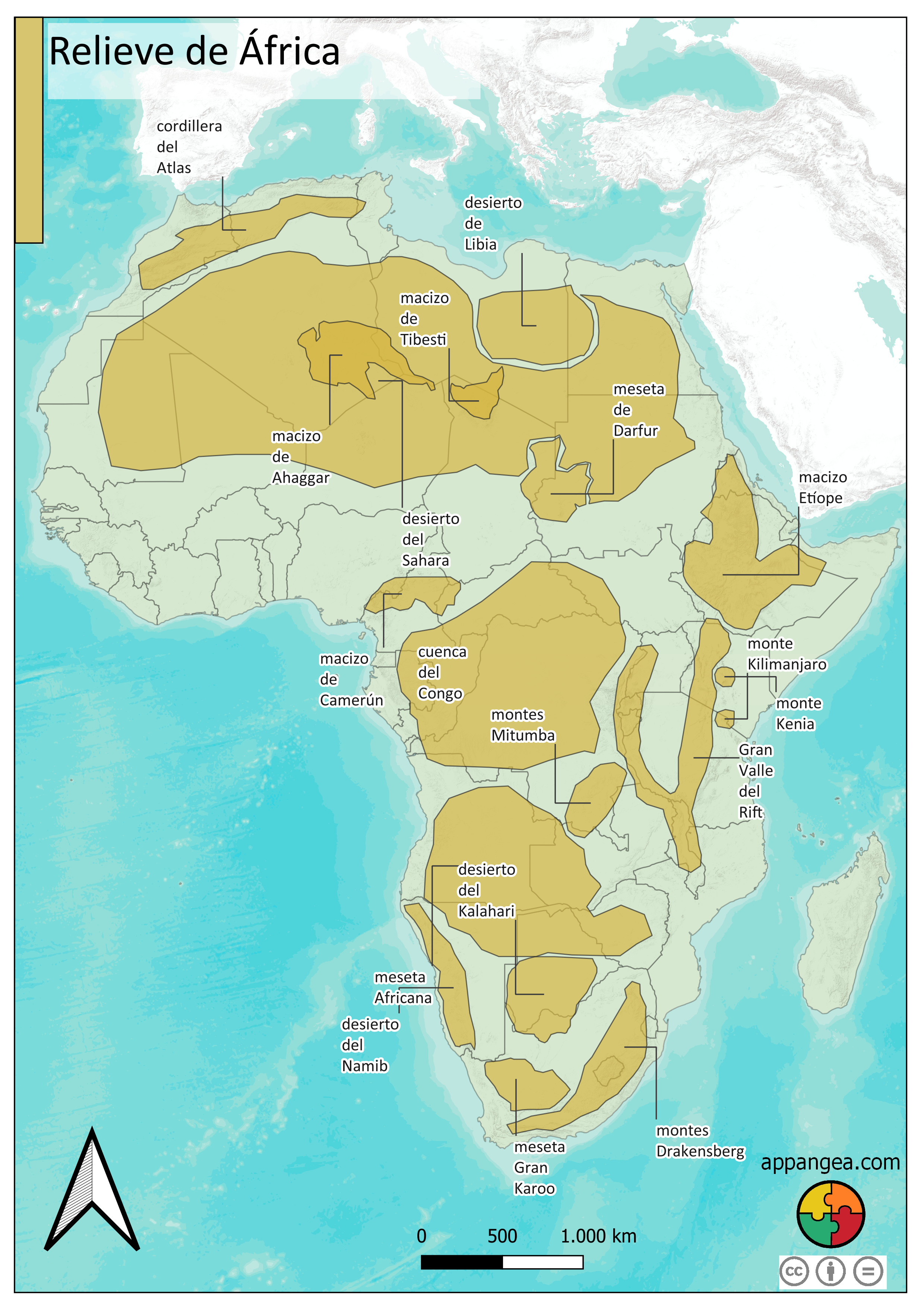 Mapa físico relieve de África. Geografía e Historia 1ºESO