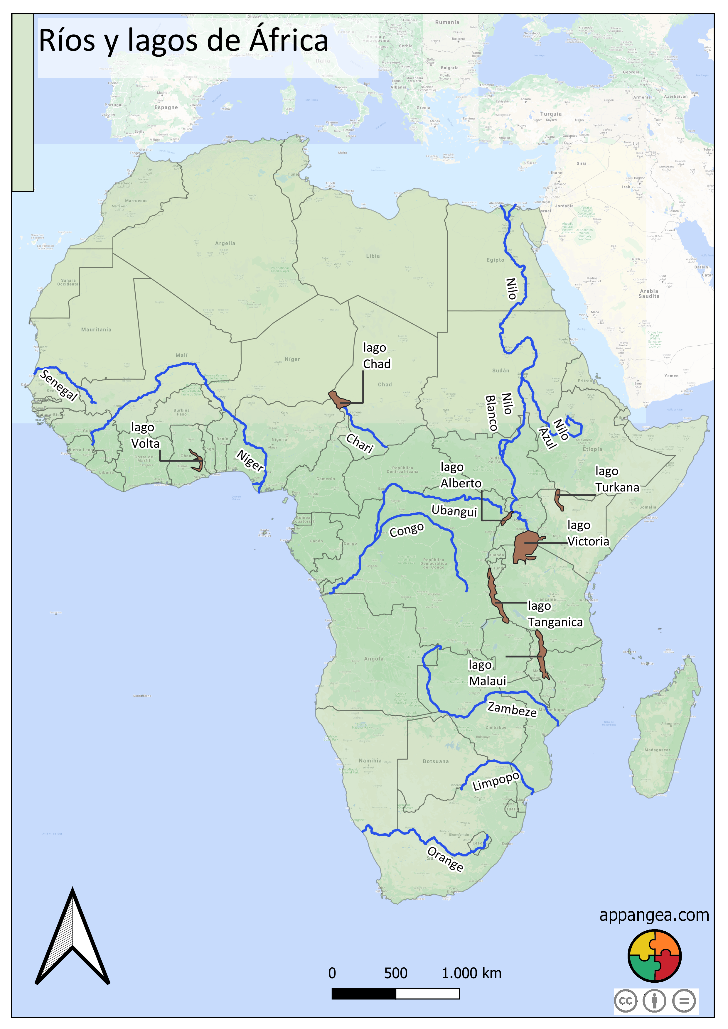 Mapa físico ríos y lagos de África. Geografía e Historia 1ºESO