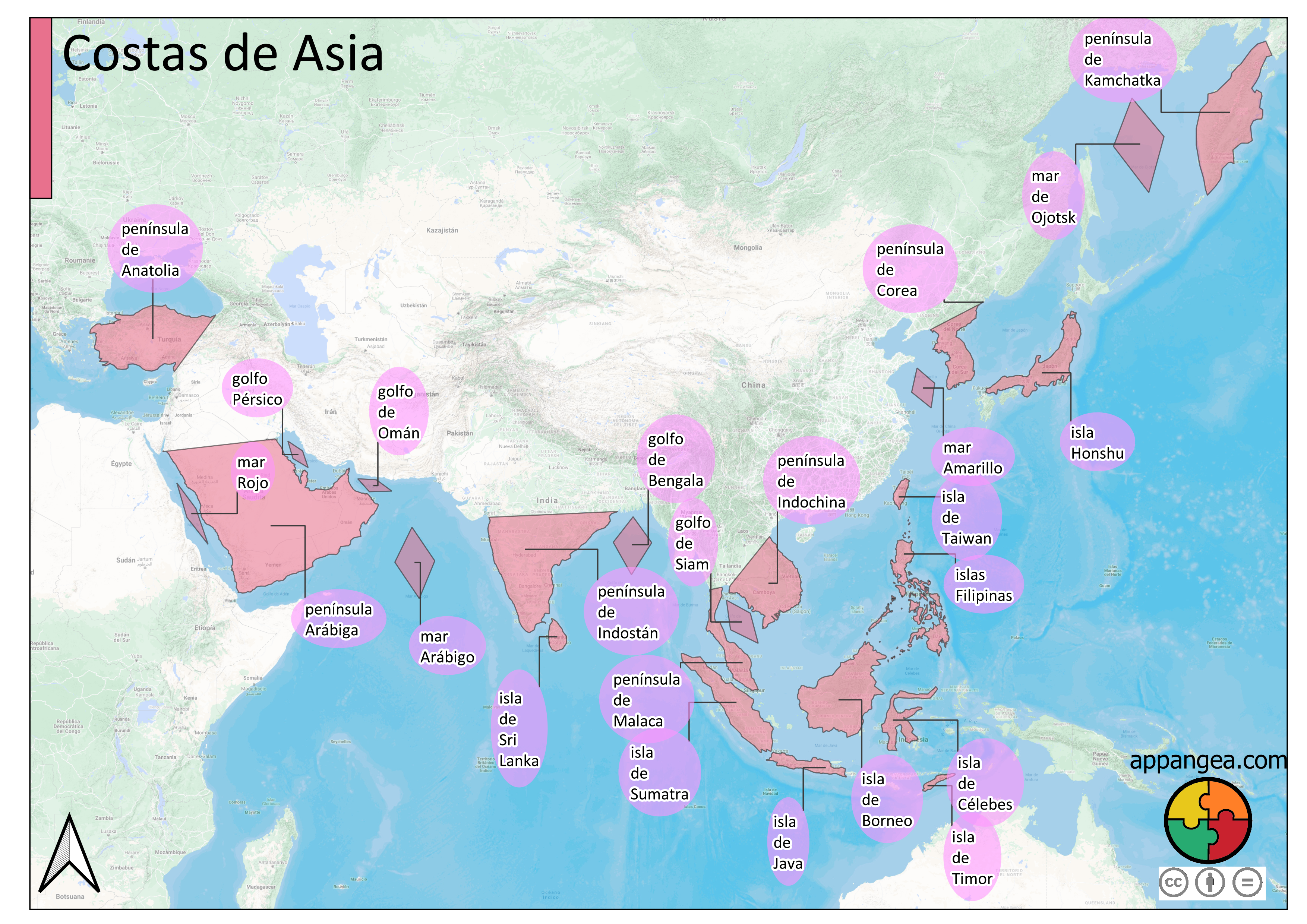 Mapa físico costas de Asia. Geografía e Historia 1ºESO