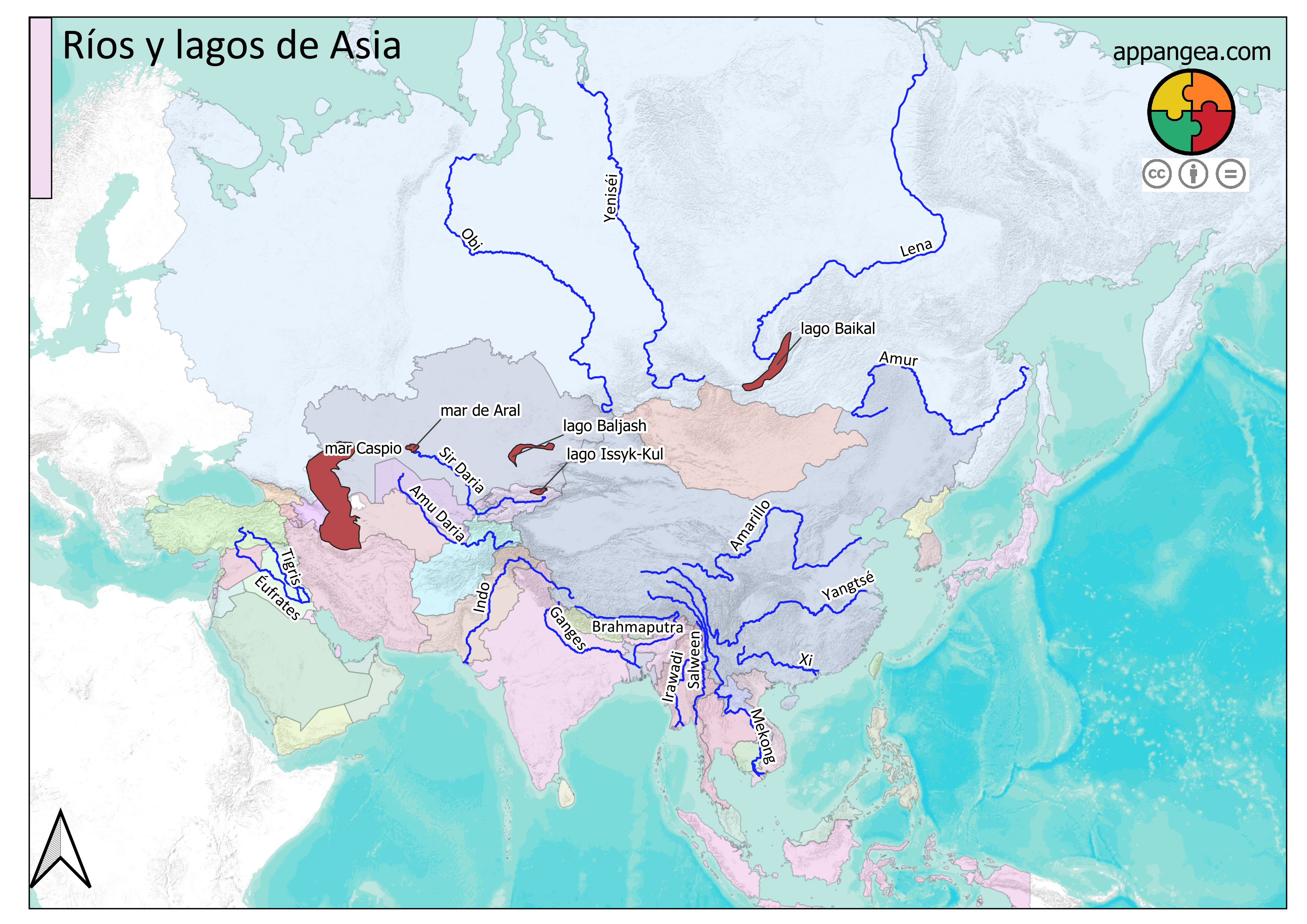 Mapa ríos y lagos de Asia. Geografía e Historia 1ºESO