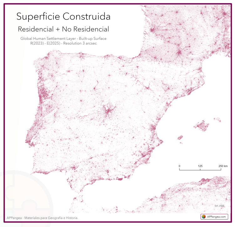Superficie construida (Residencial y No Residencial) en la Península Ibérica, Baleares, Ceuta y Melilla. Geografía de España 2ºBachilerato.