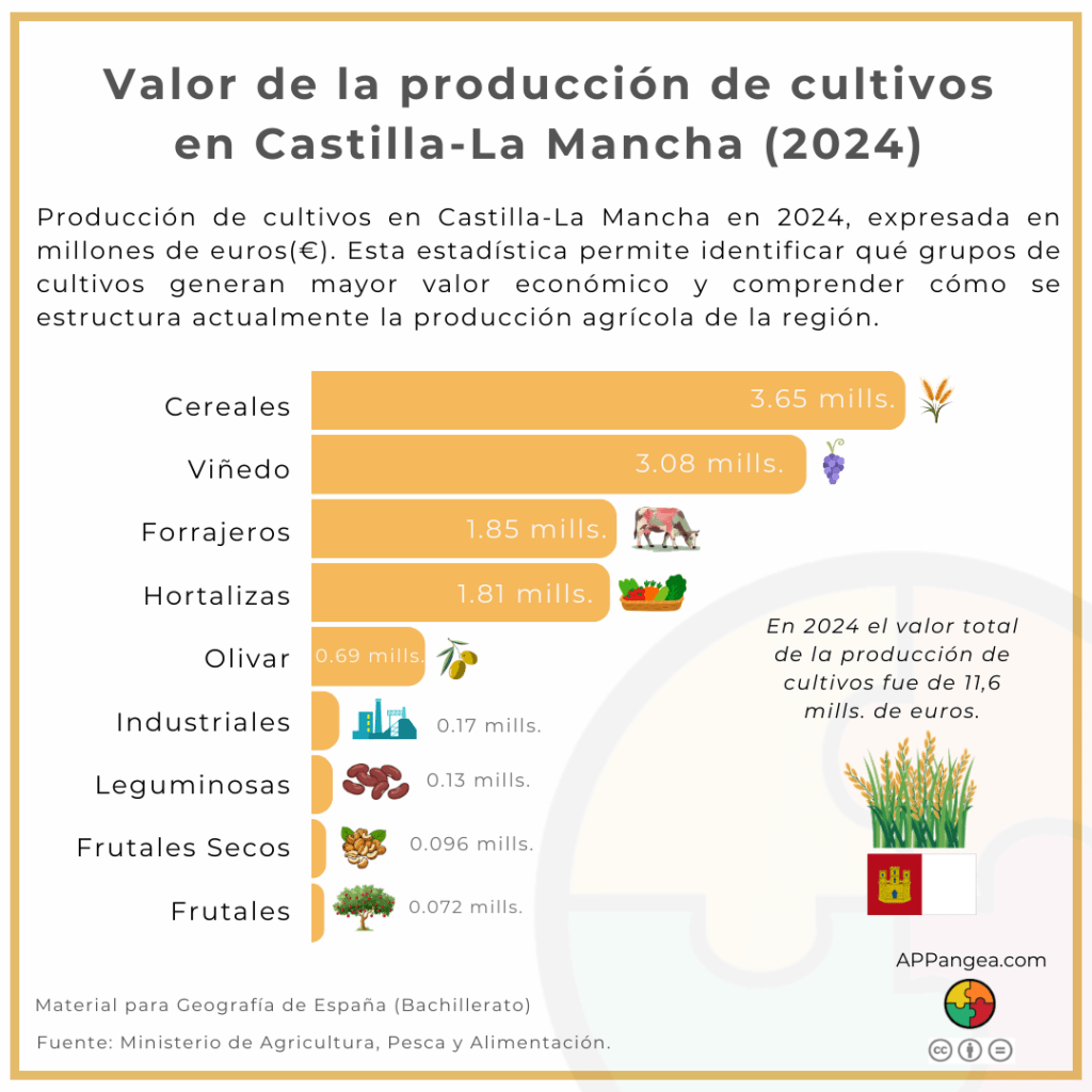 Valor de la producción de cultivos en Castilla-La Mancha. Geografía de España. 2º Bachillerato.