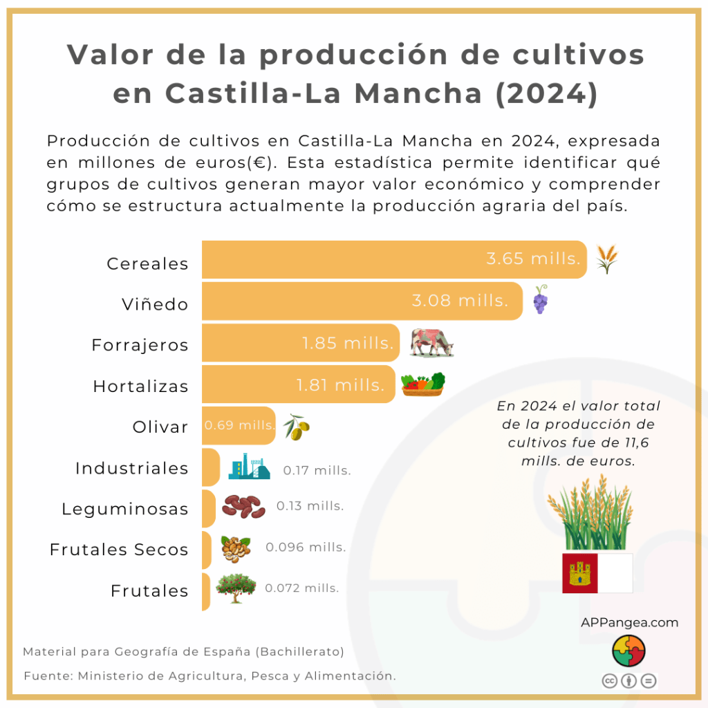 Valor de la producción de cultivos en Castilla-La Mancha. Geografía de España. 2º Bachillerato.