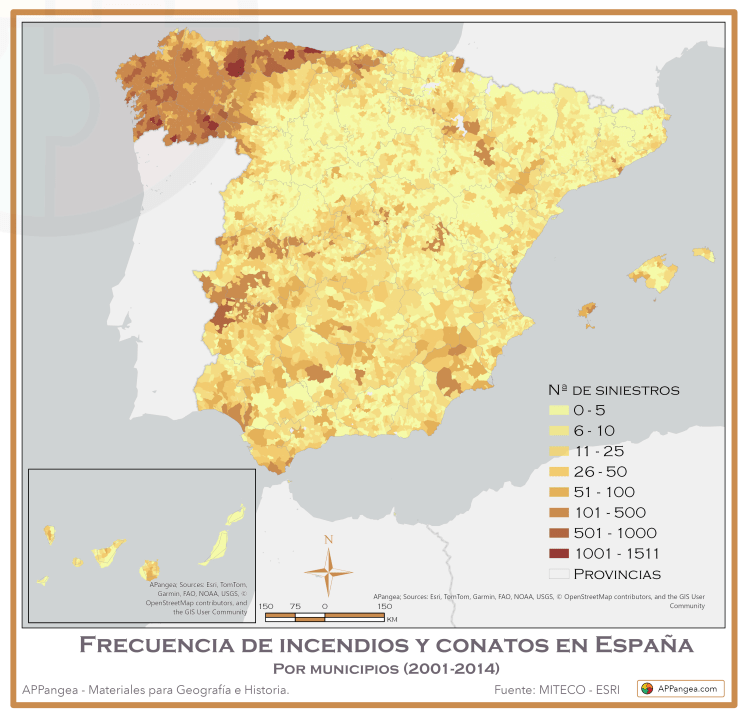 Mapa Frecuencias de Incendios y conatos en España. Geografía de España. 2º Bachillerato