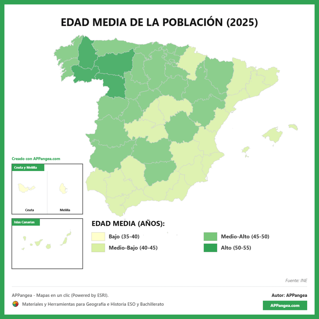 Mapa edad media de la población por provincias 2025. Geografía de España. ESO y Bachillerato.