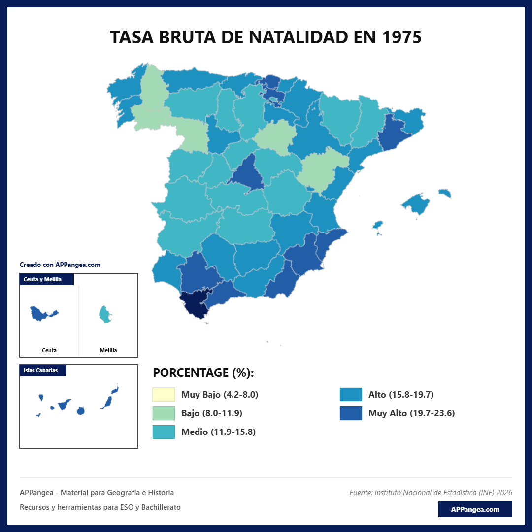Mapa Tasa Bruta de Natalidad en España 1975. Geografía de España. 2ºBachillerato