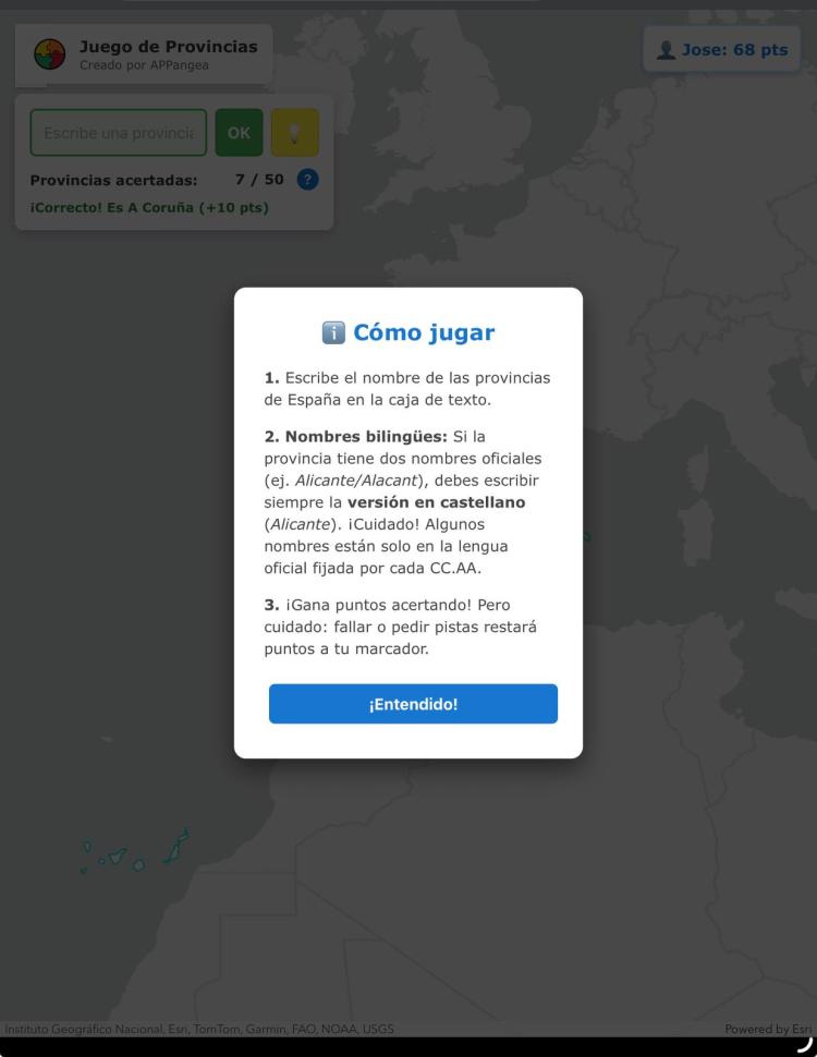 Minijuego Provincias de España. Instrucciones.