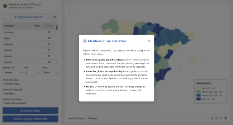 Personalización de la leyenda cartográfica: elige el número de intervalos, las gamas de colores y el método de clasificación estadística (Cuantiles o Intervalos Iguales).