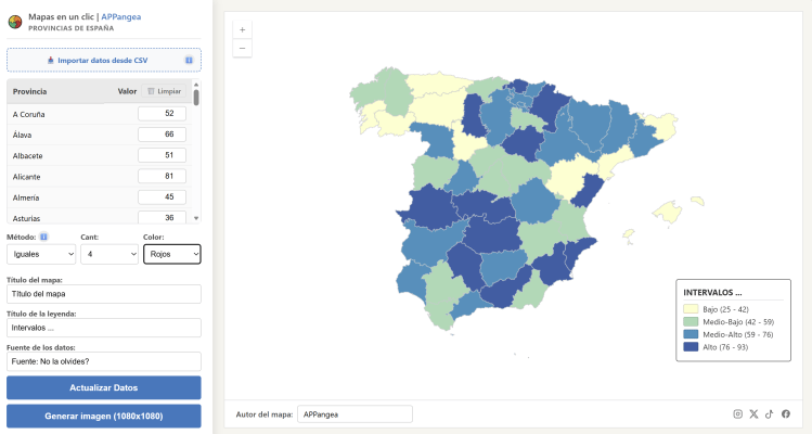 Vista general del mapa temático de las provincias de España, con leyendas claras y los recuadros automáticos para Canarias, Ceuta y Melilla