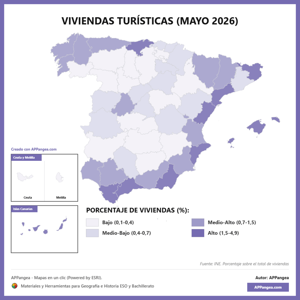 Porcentaje de viviendas turísticas en España - Mayo 2026 - INE. Geografía de España.