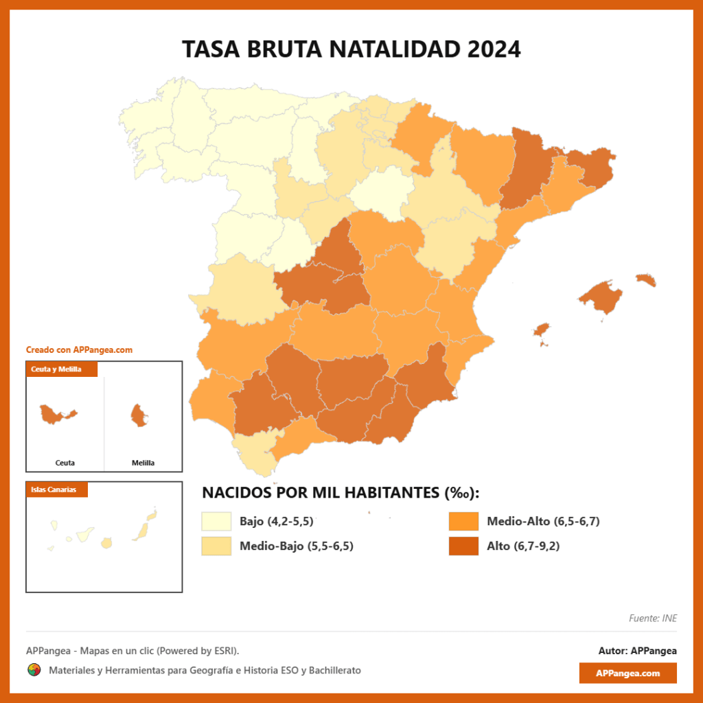 Tasa Bruta de Natalidad 2024 por CCAA. Geografía de España.